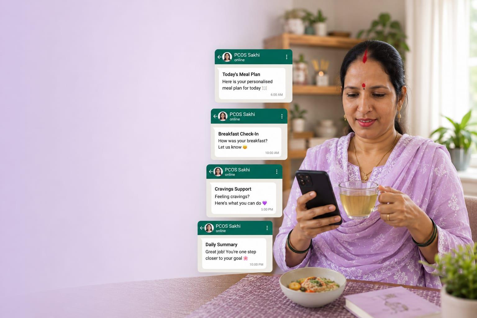 Indian woman with PCOS using WhatsApp wellness program